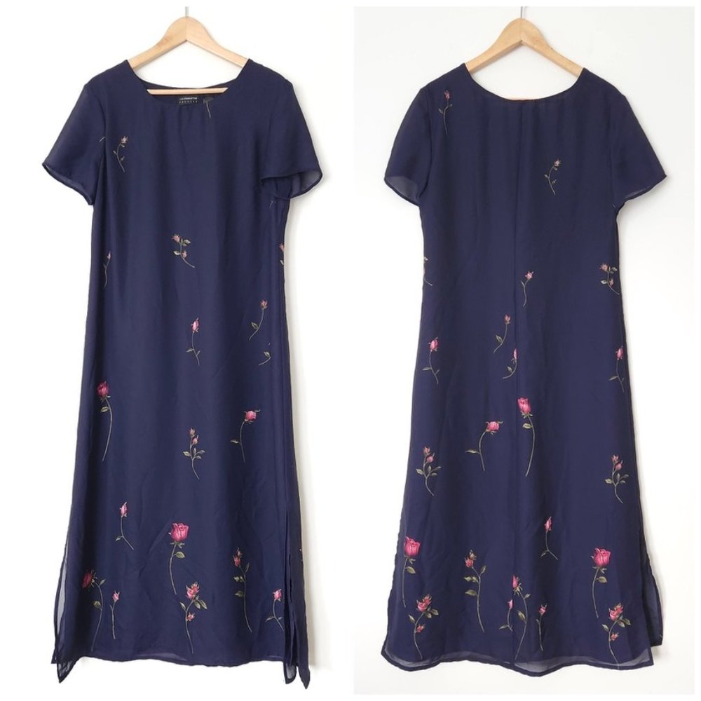 Vintage 90s Liz Claiborne Maxi Dress Cottagecore Rose Print Navy Pink‎ Size 12